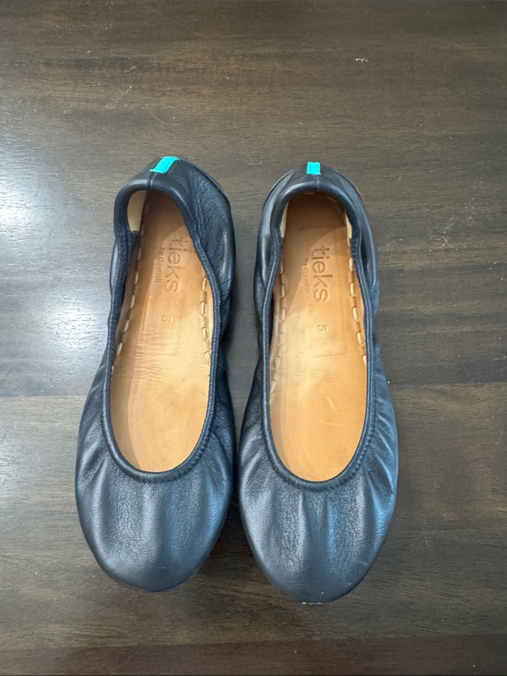 Tieks Black Leather Ballet Flats with Teal Heel Tab